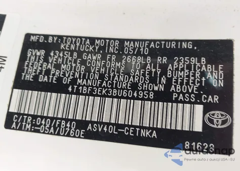 2011 Toyota Camry из США, поврежденный, VIN 4T1BF3EK3BU604958
